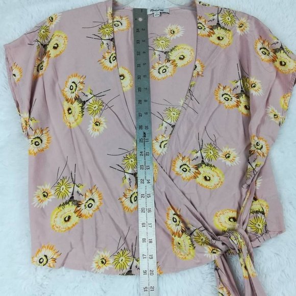 Madewell Womens Wrap Top Pink Floral Cap Sleeve Surplice Neck Side‎ Tie L - Picture 3 of 9